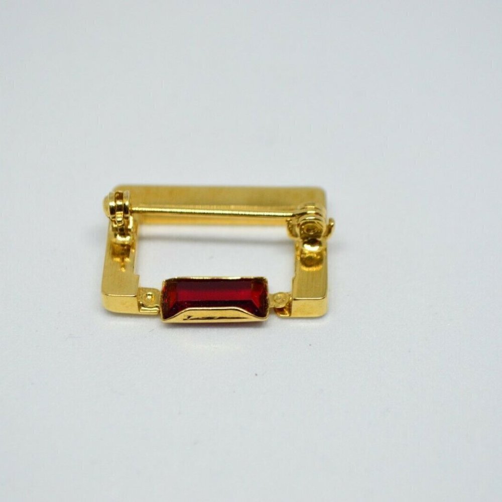 Red Glass Rhinestone Gold Tone Rectangle Openwork - Picture 4 of 4